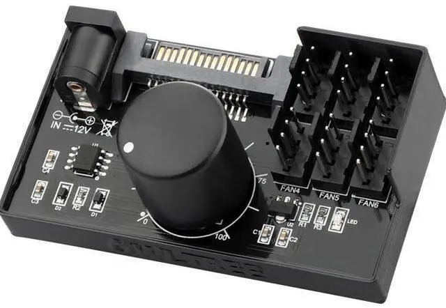 Main image of 4 Pin 12V PWM Fan Controller 6 Fans Supported , PC Fan Adapter Hub Powered by SATA and DC 5525, Cooling Fan Speed Knob with Max Total 60W 5A Output