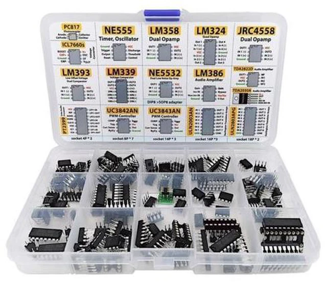 Main image of IC Chip Assortment 150 Pcs, Opamp, Oscillator, Pwm, PC817, NE555, LM358, LM324, JRC4558, LM393, LM339, NE5532, LM386, TDA2030