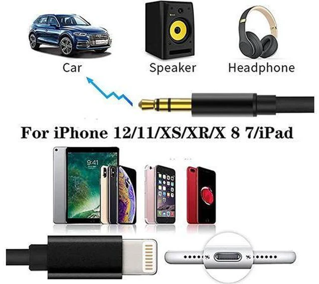 Alt view image 6 of 7 - Aux Cord for iPhone in Car Lightning to 3.5mm Aux Stereo Audio Cable 3.3FT Adapter Compatible with iPhone 13/12/11/XS/XR/X/8/7 for Car Home Stereo Speaker Headphone - Black 3.3 ft.