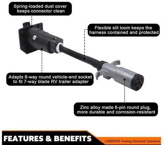 Alt view image 2 of 7 - CARROFIX Vehicle-Side 6-Way Round to 7-Way RV Blade Trailer Wiring Adapter, 6 Pole on Truck to 7 Blade on Trailer Connector, Flexible Wire Gives More Turning Radius