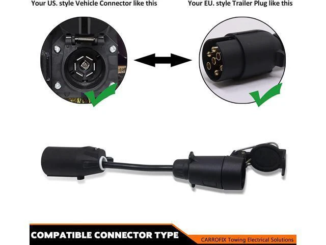 Alt view image 3 of 7 - CARROFIX American Style Vehicle-end 7 Way Blade Connector to European Style Trailer 7 Pin Round Plug