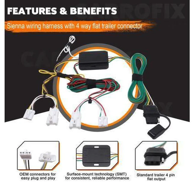 Alt view image 2 of 7 - CARROFIX Custom Fit T-Connector 55580 Vehicle Wiring Kit Harness with 4-Way Flat Trailer Connector for 2004-2010 Toyota Sienna