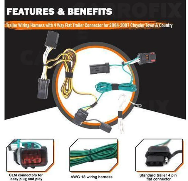 Alt view image 2 of 7 - CARROFIX Custom Fit T-Connector Harness 4 Way Flat Trailer Hitch Wiring Vehicle-Side 4 Pole Flat Connector, Compatible with 2004 - 2007 Chrysler Town & Country, 2004 - 2007 Dodge Caravan, 2004 - 2007