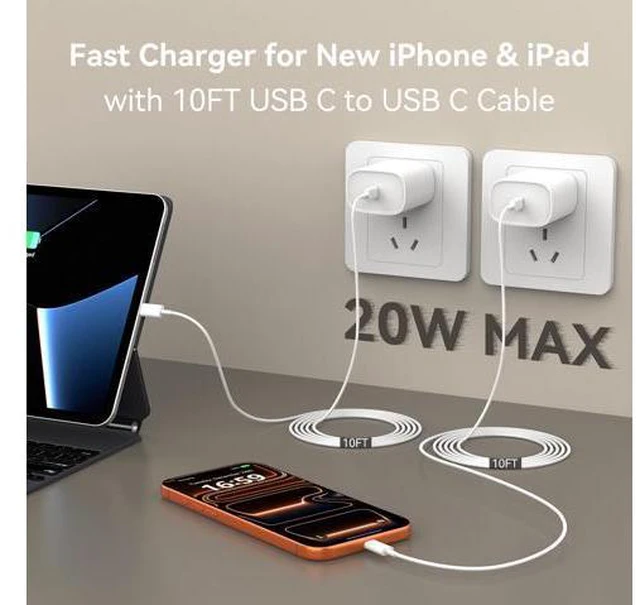 Alt view image 3 of 6 - iPhone 17 16 15 Charger Fast Charging, 10 FT Long USB C Charger Cord with 20W Type C Fast Phone Charging Block for iPhone 17/17 Pro/17 Pro max/Air, for iPhone 16 15 Pro Max Plus, iPad, Android