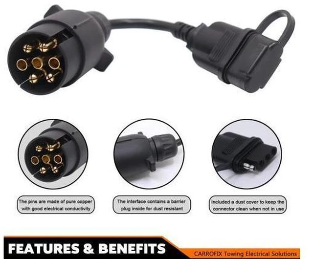 Alt view image 2 of 7 - CARROFIX European Style Vehicle-end 7 Way Round Pin Outlet to American Style Trailer 4 Way Flat Connector