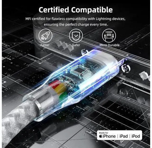 Alt view image 2 of 7 - iPhone Charger 3 Pack 10 ft Apple MFi Certified Lightning Nylon Braided Cable Fast Charging Cord Compatible with iPhone 13 12 11 Pro Max XR XS X 8 7 6 Plus SE iPad and More