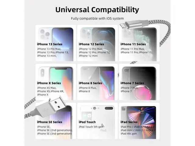 Alt view image 7 of 7 - iPhone Charger 3 Pack 10 ft Apple MFi Certified Lightning Nylon Braided Cable Fast Charging Cord Compatible with iPhone 13 12 11 Pro Max XR XS X 8 7 6 Plus SE iPad and More