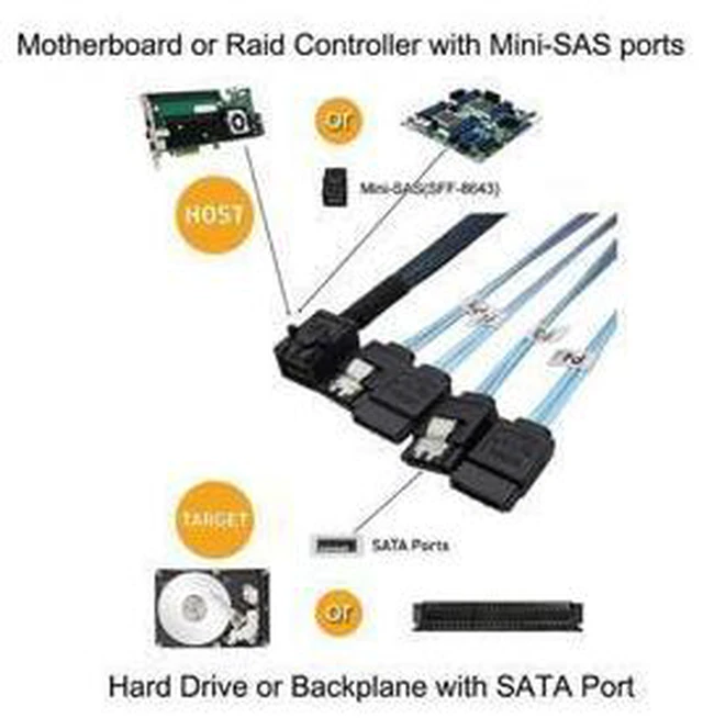 Alt view image 6 of 7 - SFF86434SATA50CM Internal 12G HD Mini SAS SFF-8643 to 4 x SATA Cable Hard Drive Cable,HD Mini SAS Host/Controller to 4 SATA Target/Backplane-1.64ft