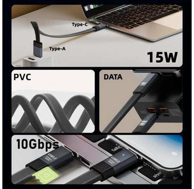 Alt view image 3 of 7 - Cable USB3.1 Type-A Male to Type-C Male 10Gbps Flat Slim FPC USB-C Data Power Cable 5V3A for Laptop Phone Disk (20cm)