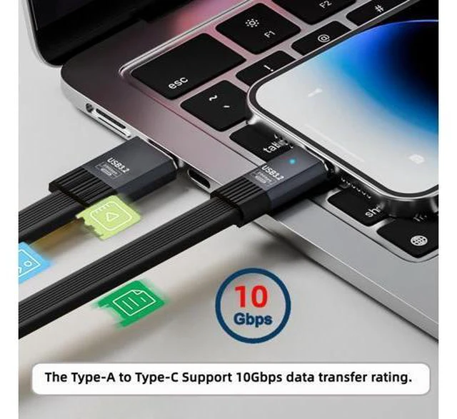 Alt view image 4 of 7 - Cable USB3.1 Type-A Male to Type-C Male 10Gbps Flat Slim FPC USB-C Data Power Cable 5V3A for Laptop Phone Disk (20cm)