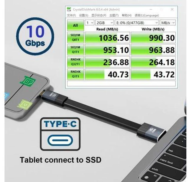 Alt view image 6 of 7 - Cable USB3.1 Type-A Male to Type-C Male 10Gbps Flat Slim FPC USB-C Data Power Cable 5V3A for Laptop Phone Disk (20cm)