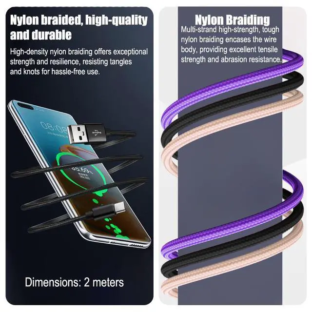 Alt view image 2 of 6 - 3-Pack USB C Data Cable 6.5ft, 5V/3A Fast Charge A to Type C Braided Cord for Android Auto, Portable SSD Phone Laptop Tablet Computer PC(Pink, Black,Purple)