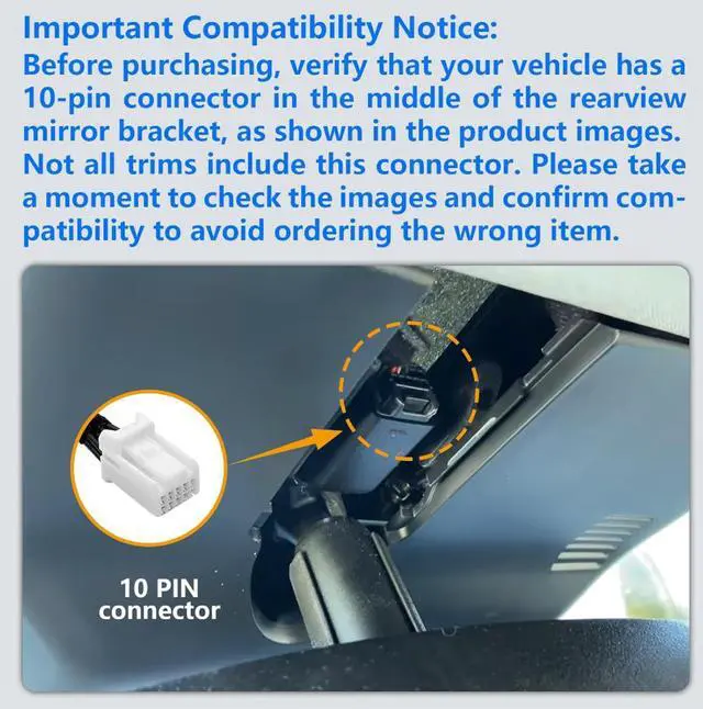 Alt view image 3 of 3 - The 10-pin car recorder power adapter for modern Kia models can be connected to the hidden wire of the rearview mirror.