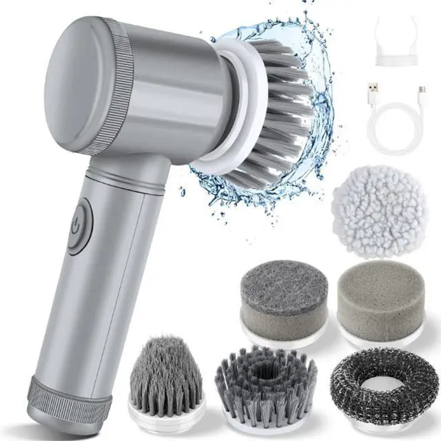 Alt view image 2 of 6 - Rechargeable Cleaning Brush Set with 5 Heads - Medium Hardness - USB Charging - Home Cleaning Kit - Suitable for Bathroom, Kitchen, and Bedroom