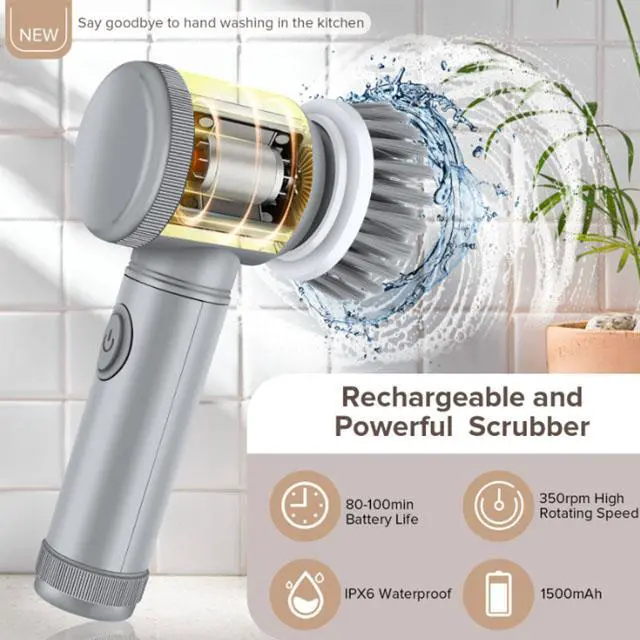 Alt view image 3 of 6 - Rechargeable Cleaning Brush Set with 5 Heads - Medium Hardness - USB Charging - Home Cleaning Kit - Suitable for Bathroom, Kitchen, and Bedroom