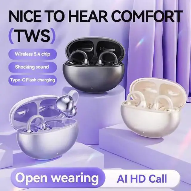 Alt view image 3 of 6 - Smart real-time AI translation ear clip-type headphones M91 non-inferior ear-type OWS wireless headphones with LED battery digital display Type-C