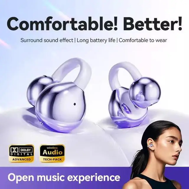 Alt view image 2 of 6 - Smart real-time AI translation ear clip-type headphones M91 non-inferior ear-type OWS wireless headphones with LED battery digital display Type-C