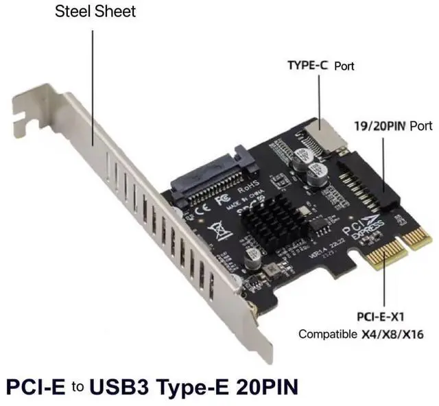 Alt view image 3 of 4 - PCIe to USB3 TYPE-E TYPE-C Front USB3.0 19/20 Pin Expansion Card PCIE 1X Adapter Card