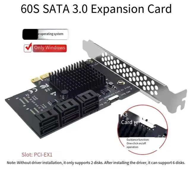 Alt view image 4 of 4 - Six-port SATA3 expansion card for desktop computers, PCIe x1 to SATA 3.0 hard drive adapter, 6G, supports QNAP