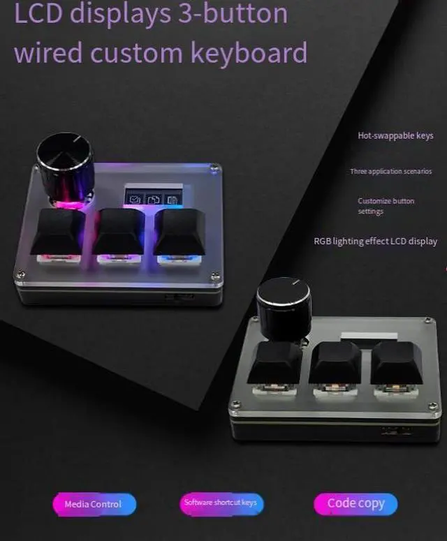 Alt view image 3 of 6 - 3-key wired customizable keyboard with LCD color screen display, gaming keyboard