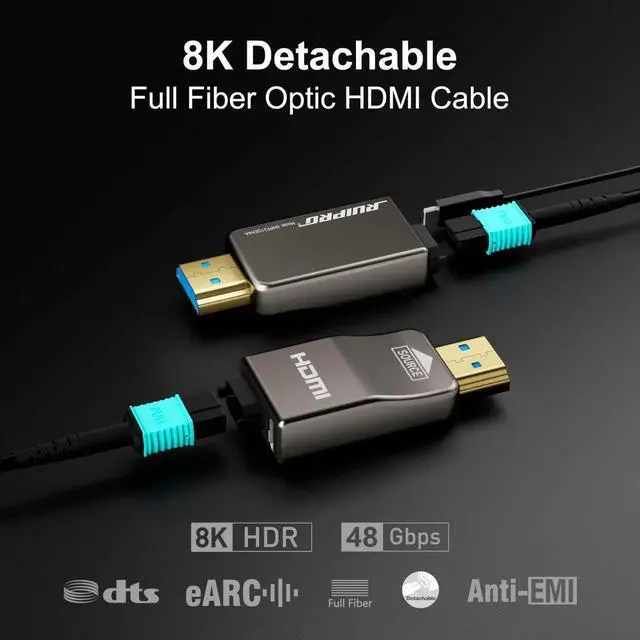 Alt view image 3 of 5 - RUIPRO 8K Detachable Full Fiber Optic Armored HDMI 2.1 Cable 50FT, Ultra High Speed 48Gbps, Support 8K@60Hz 4K@120Hz, Dynamic HDR, eARC, Compatible with PS5/Xbox/Blu-ray/TV/Monitor/Projector