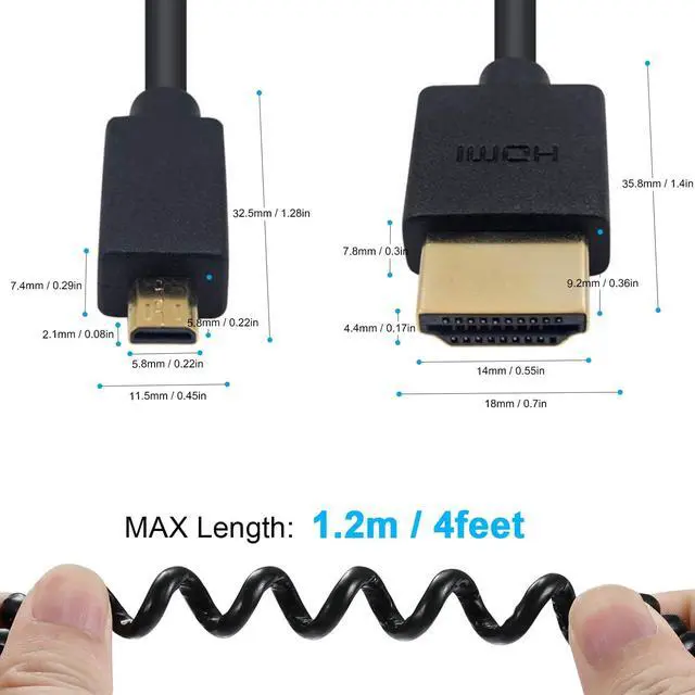 Alt view image 3 of 7 - Duttek Micro HDMI to HDMI Coiled Cable 1FT-4FT, 4K@60Hz HDMI to Micro HDMI Adapter Cable Extreme Slim/Thin, 3D for Camera, DSLRs, Camcorders, Portable Screens, Raspberry Pi 5 4, GoPro Hero 7/6