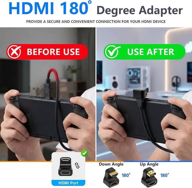 Alt view image 2 of 7 - 8K HDMI 180 Degree Adapter 48Gbps, 8K@60Hz, Up Angle & Down Angle U Shaped HDMI Male to Female Adapter with LED Indicator for Laptop, HDTV, PS5 2 Style