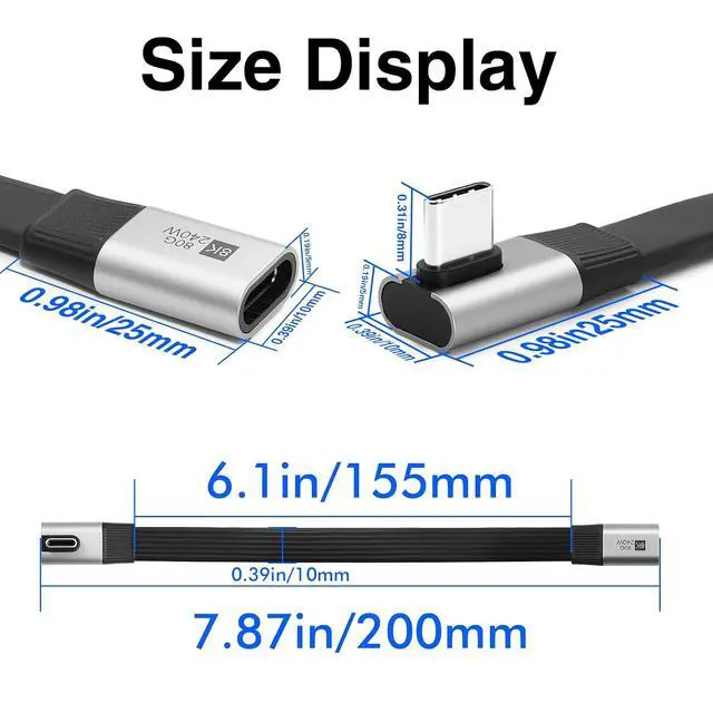 Alt view image 6 of 6 - 90 Degree USB C Extension Cable 7.87inch, 240W & 40Gbps & 8K@60Hz Flat Short USB C Right Angle Cable, USB 4 Extender Compatible for Thunderbolt 4 Laptop,Galaxy, Phone
