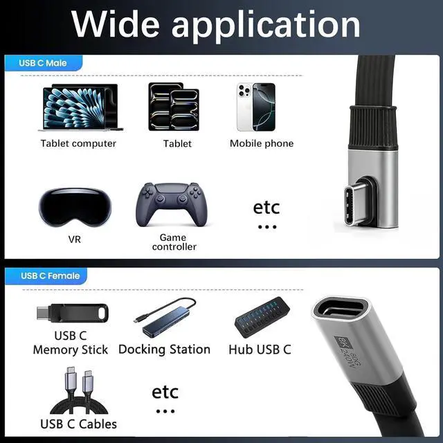 Alt view image 2 of 6 - 90 Degree USB C Extension Cable 7.87inch, 240W & 40Gbps & 8K@60Hz Flat Short USB C Right Angle Cable, USB 4 Extender Compatible for Thunderbolt 4 Laptop,Galaxy, Phone