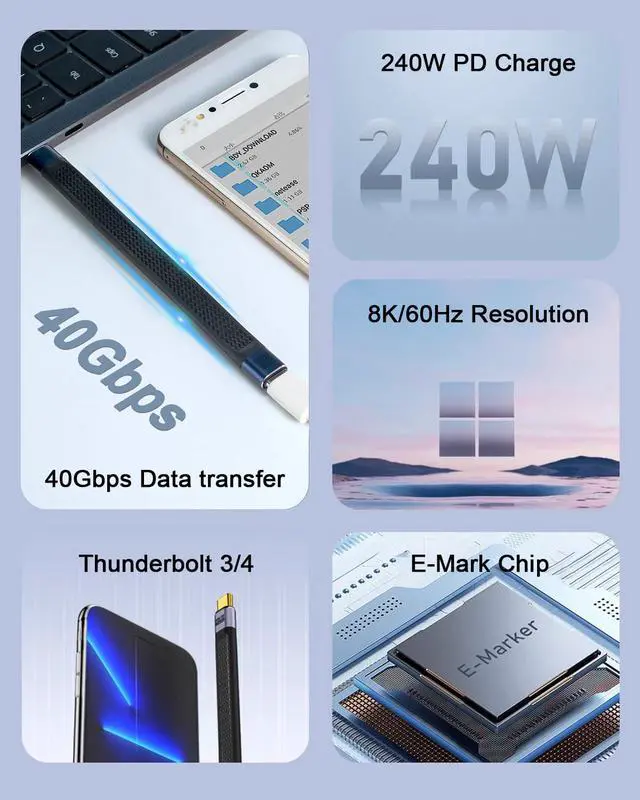 Alt view image 2 of 6 - Short USB C to USB C Extension Cable 5Inch, (240W PD Fast Charging, 40Gbps, 8K Video) Short Thunderbolt 4 Extension Cable for USB 4 Cord, iPhone 15/16, MacBook, MacBook, Carplay, External SSD