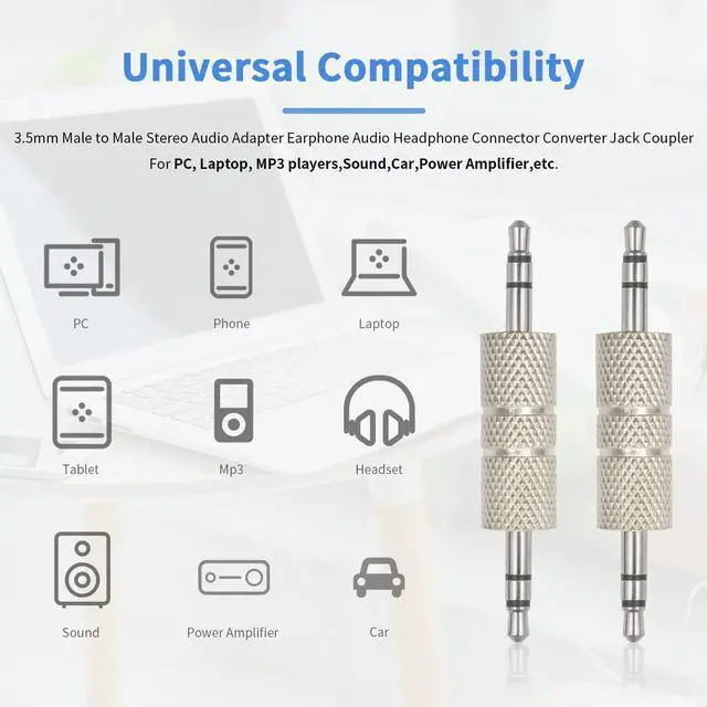 Main image of 3.5mm Male to Male Audio Adapter, Metal Silver 3 Pole 3.5mm Stereo Jack Adapter Audio Headphone Jack Coupler Connectors - 2 Pack