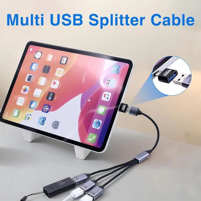 Alt view image 5 of 6 - USB Splitter 1 to 3 with USB A to C Adapter, USB 2.0 Extension Cable 3 Port Hub for PC, MacBook, Laptop, Flash Drive, Keyboard 0.8FT/25cm-Grey