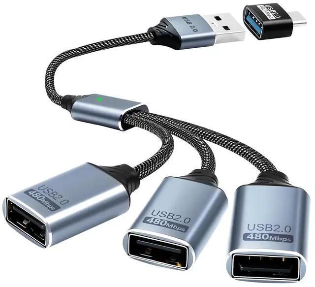 Main image of USB Splitter 1 to 3 with USB A to C Adapter, USB 2.0 Extension Cable 3 Port Hub for PC, MacBook, Laptop, Flash Drive, Keyboard 0.8FT/25cm-Grey