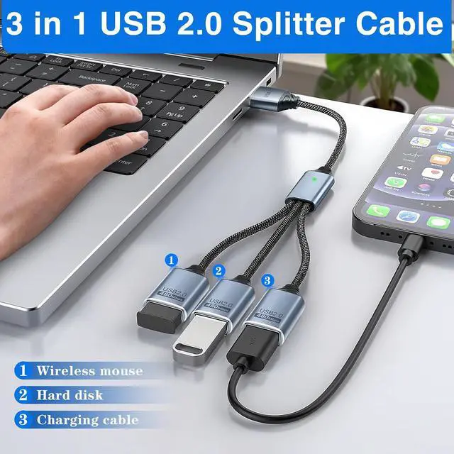 Alt view image 3 of 6 - USB Splitter 1 to 3 with USB A to C Adapter, USB 2.0 Extension Cable 3 Port Hub for PC, MacBook, Laptop, Flash Drive, Keyboard 0.8FT/25cm-Grey