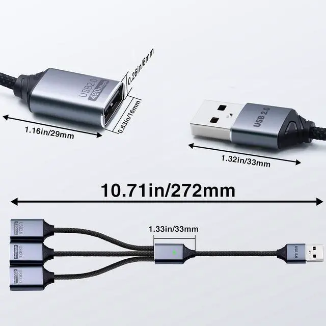 Alt view image 2 of 6 - USB Splitter 1 to 3 with USB A to C Adapter, USB 2.0 Extension Cable 3 Port Hub for PC, MacBook, Laptop, Flash Drive, Keyboard 0.8FT/25cm-Grey