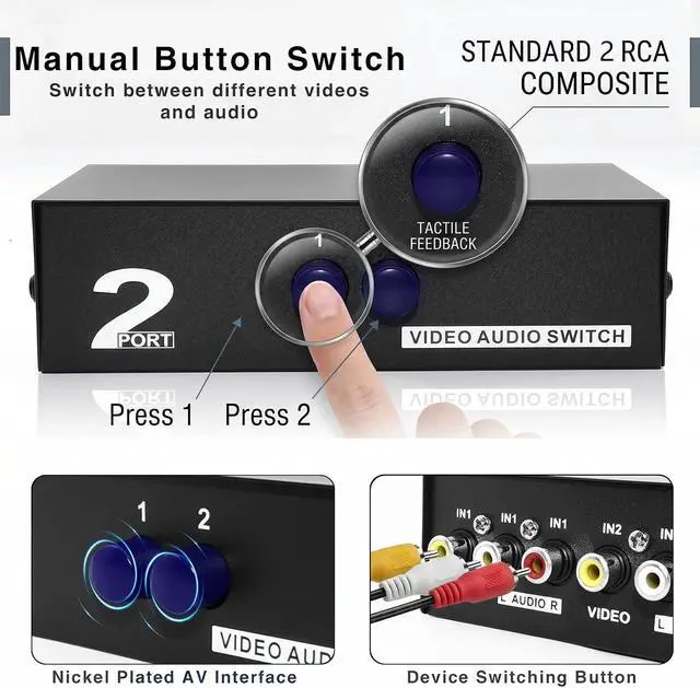 Alt view image 5 of 6 - 2 Port RCA AV Switch Box, 2 in 1 Out Composite Video Audio Selector, RCA Switcher for DVD, Game Console, STB to TV