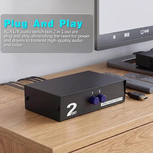 Alt view image 6 of 6 - 2 Port RCA AV Switch Box, 2 in 1 Out Composite Video Audio Selector, RCA Switcher for DVD, Game Console, STB to TV