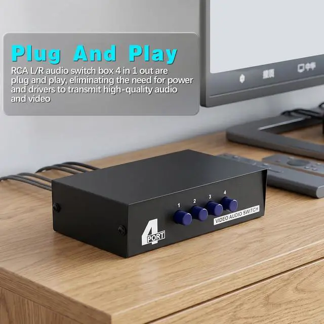 Alt view image 2 of 6 - AV Switch Box,RCA Switcher,AV(3 RCA) Cable 4 in 1 Out Composite Video L/R Audio Selector Box for Wii, PS2, Xbox, DVD Player, STB, HDTV, No Power Required