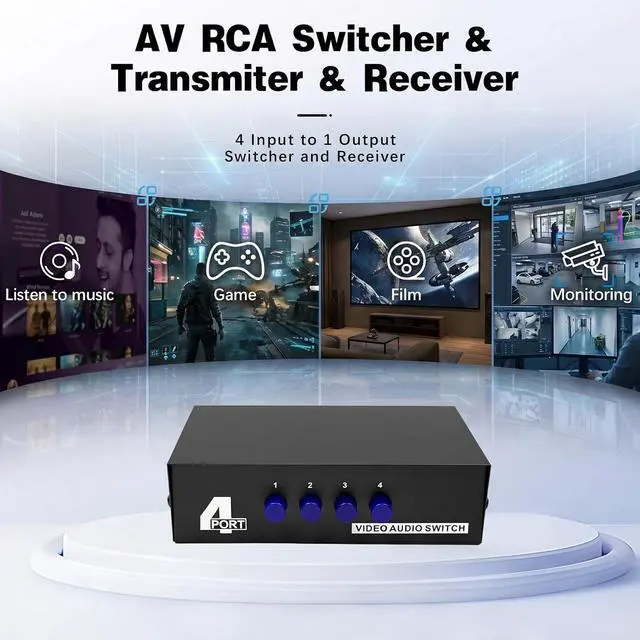 Alt view image 6 of 6 - AV Switch Box,RCA Switcher,AV(3 RCA) Cable 4 in 1 Out Composite Video L/R Audio Selector Box for Wii, PS2, Xbox, DVD Player, STB, HDTV, No Power Required