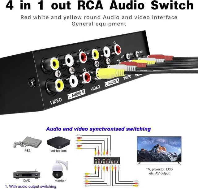 Alt view image 3 of 6 - AV Switch Box,RCA Switcher,AV(3 RCA) Cable 4 in 1 Out Composite Video L/R Audio Selector Box for Wii, PS2, Xbox, DVD Player, STB, HDTV, No Power Required