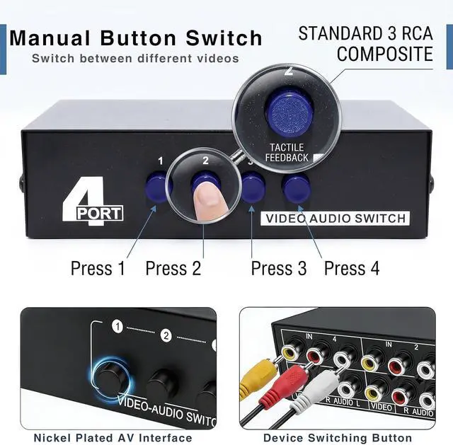 Alt view image 5 of 6 - AV Switch Box,RCA Switcher,AV(3 RCA) Cable 4 in 1 Out Composite Video L/R Audio Selector Box for Wii, PS2, Xbox, DVD Player, STB, HDTV, No Power Required