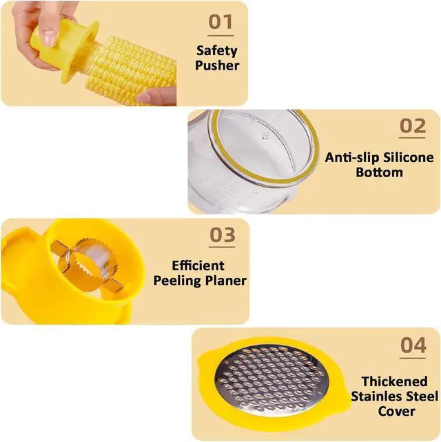 Alt view image 4 of 6 - Corn Stripper, Corn Peeler with Measuring Container, 2-in-1 Kernel Cutter and Grater for Garlic Ginger, Yellow