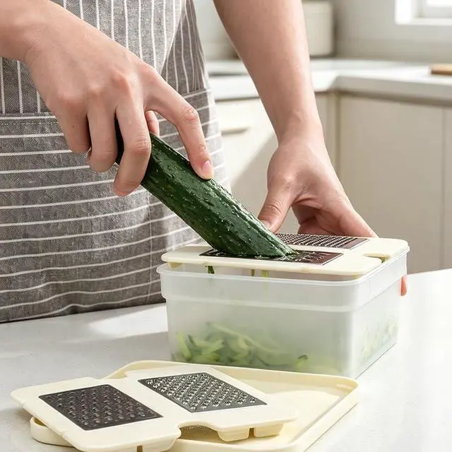 Alt view image 3 of 5 - Four-Blade Grater Box
PP and 430 stainless steel construction for grating and shredding vegetables, garlic, and ginger