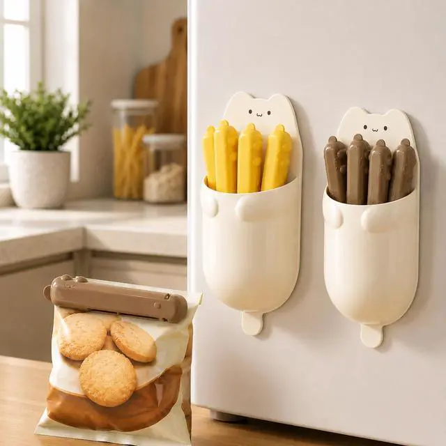 Main image of 1set/4Pcs Cute Cat Magnetic Bag Clips Set Reusable 4.72-Inch Snack Bag Clips with Magnetic Holders for Kitchen Fridge Storage, Yellow