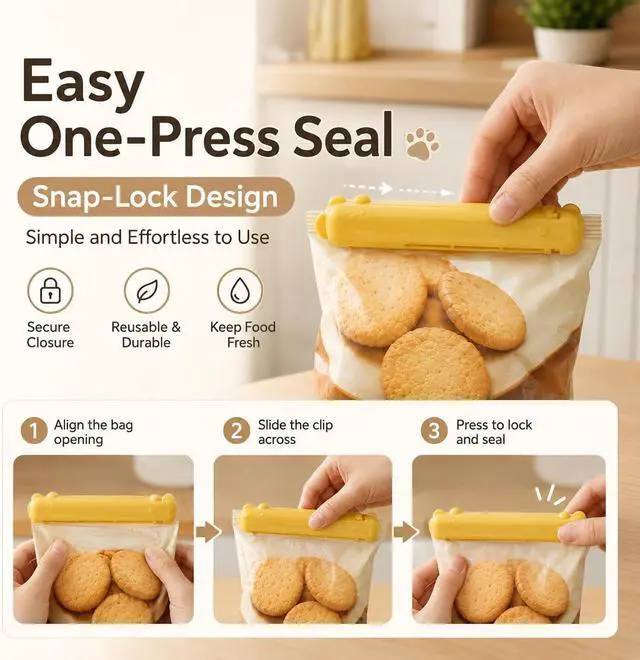 Alt view image 5 of 6 - 1set/4Pcs Cute Cat Magnetic Bag Clips Set Reusable 4.72-Inch Snack Bag Clips with Magnetic Holders for Kitchen Fridge Storage, Yellow