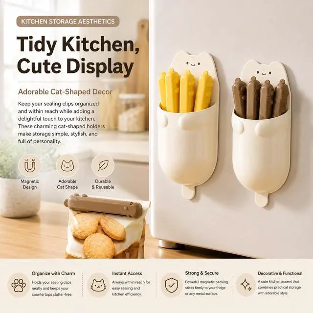Alt view image 3 of 6 - 1set/4Pcs Cute Cat Magnetic Bag Clips Set Reusable 4.72-Inch Snack Bag Clips with Magnetic Holders for Kitchen Fridge Storage, Yellow