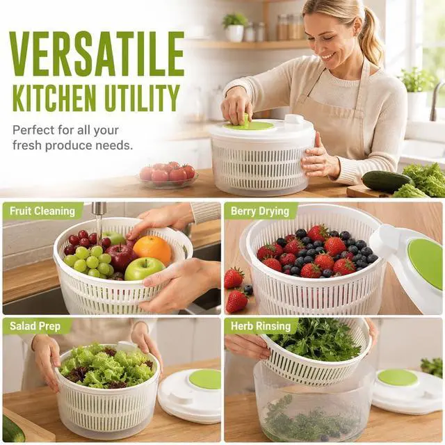 Alt view image 3 of 6 - Salad Spinner Lettuce Washer and Dryer Vegetable Colander Clear Bowl
Large Capacity, Easy-Turn Spin Knob, Locking Lid, Non-Slip Base, Wash and Dry Greens, Fruits and Vegetables