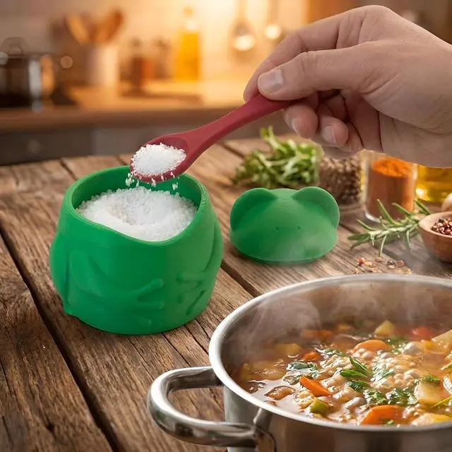 Alt view image 2 of 7 - 3D Printed Multi-functional Plastic Seasoning Container, Practical Decorative Frog Salt Containers, with Lid and Spoon