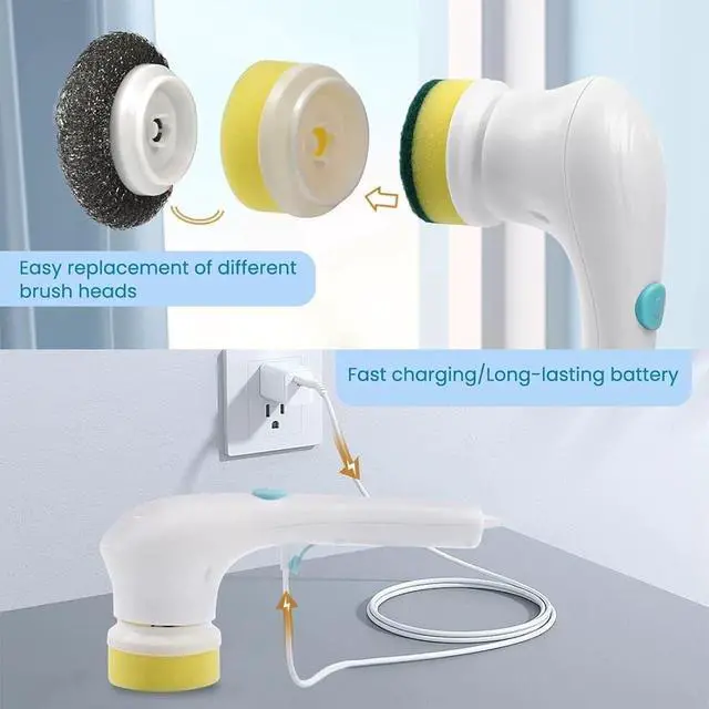 Alt view image 3 of 6 - Handheld Electric Cleaning Brush, Cordless Rechargeable Scrubber with 5 Heads, Bathroom Tile & Kitchen Degreaser