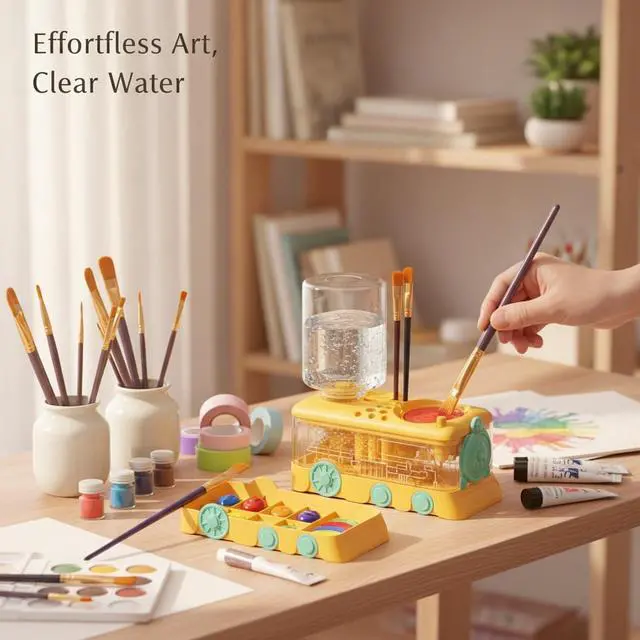 Alt view image 2 of 4 - Automatic Paint Brush Rinser, Rotating Watercolor & Acrylic Brush Cleaner, Hands-Free Art Tool Washing Station for Clear Water, Compact ABS Plastic Desk Accessory (1 PC) yellow